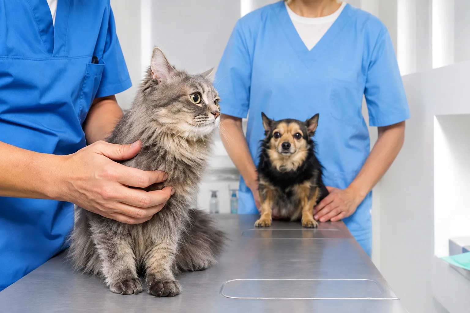 Gato e cachorro sobre a mesa de atendimento, com duas pessoas de uniforme azul