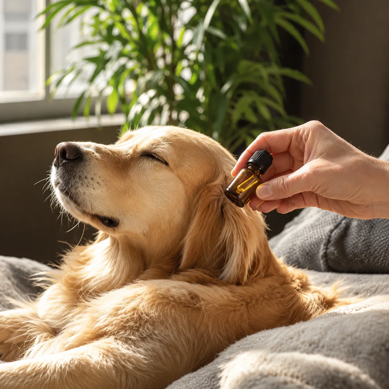 Golden retriever deitado de olhos fechados, com uma mão segurando um frasco conta-gotas perto da cabeça