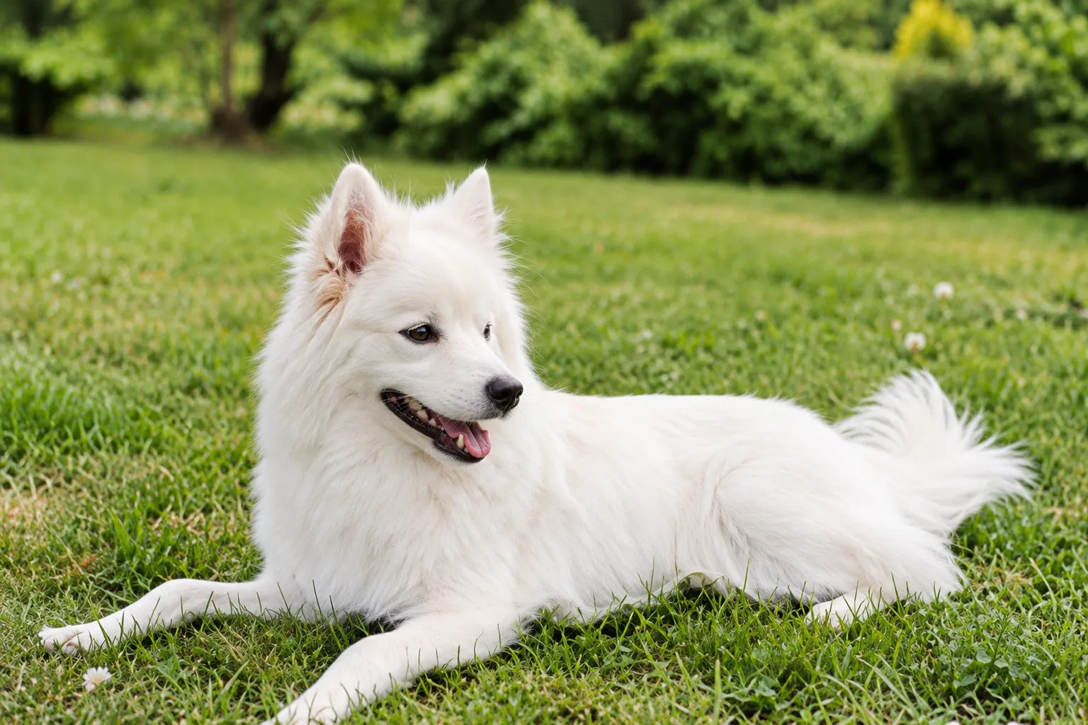Cachorro branco de pelo longo deitado na grama